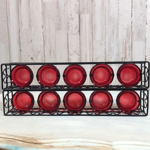 Set of 2 Halloween Themed Metal and Glass Votive Holders in Black Metal and Red - Picture 4 of 7